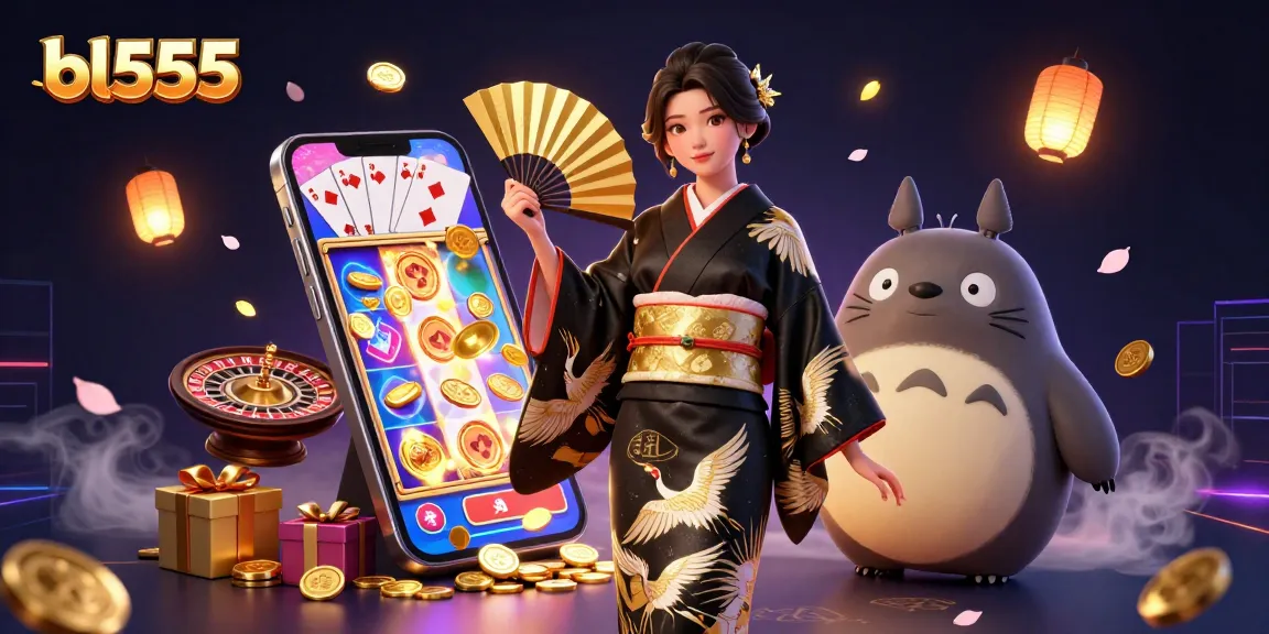 Experience winning moments at bl555 with vibrant casino action featuring a dynamic Asian woman and a wise tanuki.