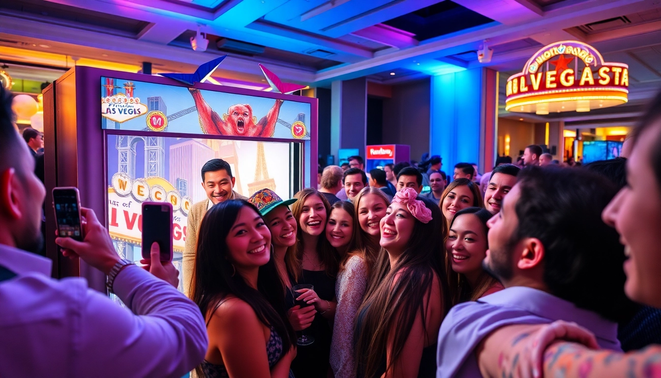 Las Vegas Photo Booth Rental setup at a lively event with joyful participants and colorful props.