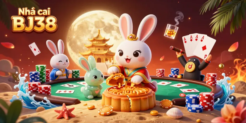 Engage with Nhà cái BJ38: Unique illustration of a moon rabbit casino scene with poker elements.