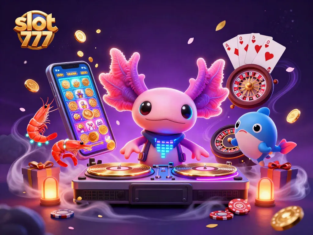 Slot 777 yang menggairahkan dengan DJ axolotl neon yang memutar musik dan pesona kasino, dikelilingi elemen permainan yang menarik.