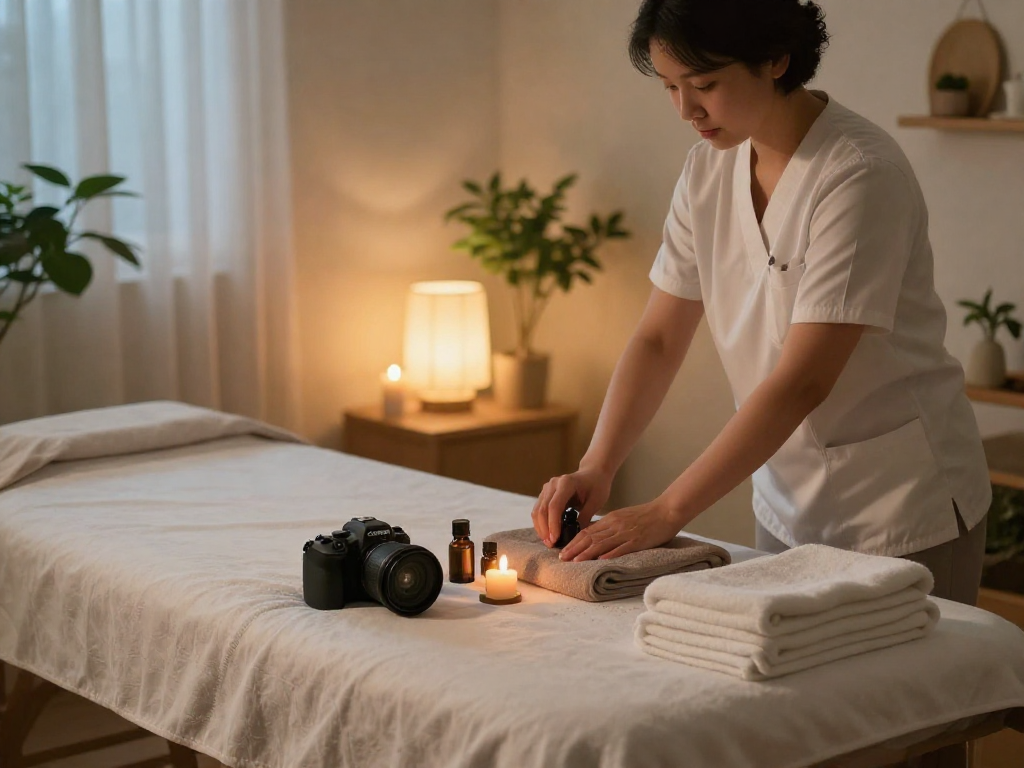 Relaxing 강남출장마사지 scene with professional therapist preparing a serene home spa.