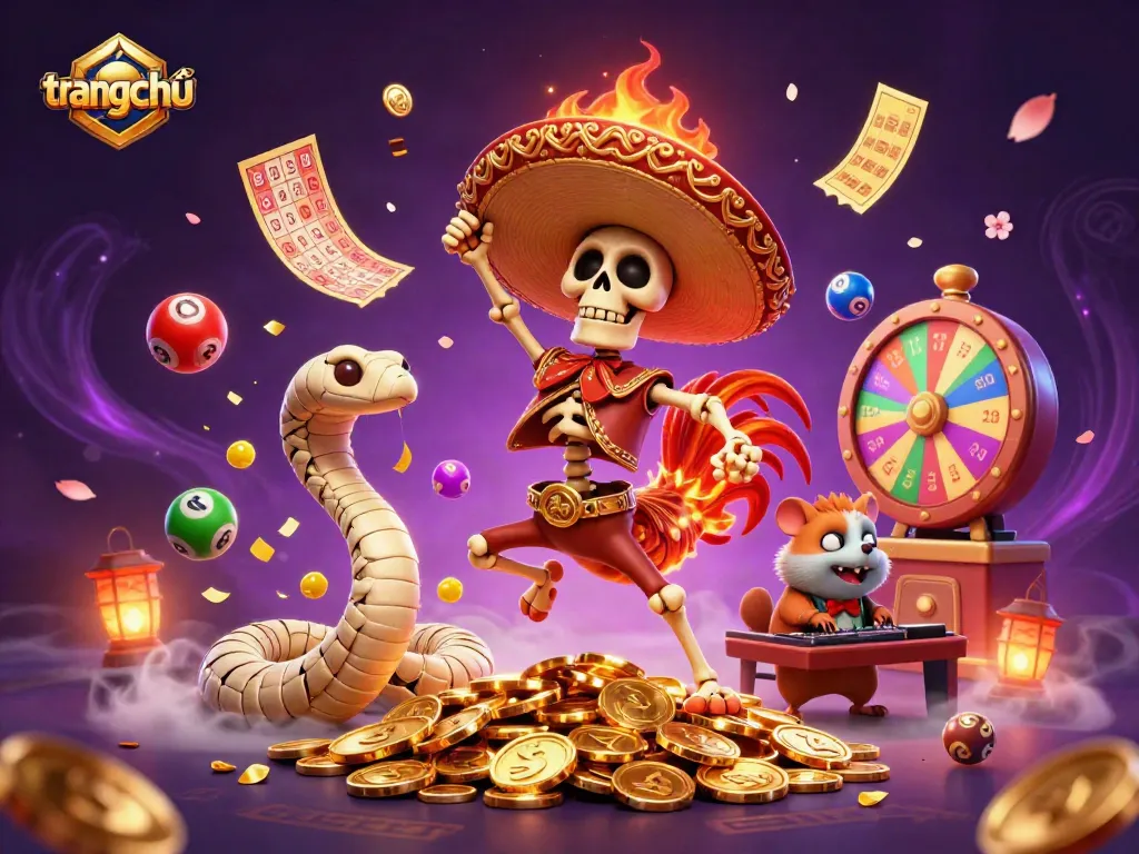 Experience the vibrant action of trang chủ casino with colorful elements and dynamic characters surrounded by golden game symbols.