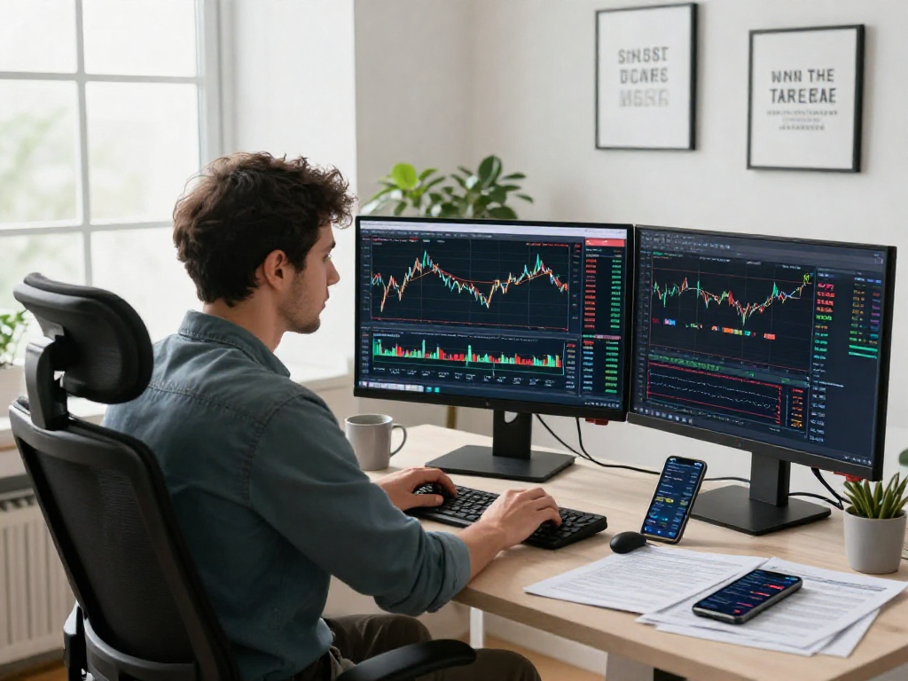 Trader using MetaTrader 5 to analyze market trends in a modern workspace