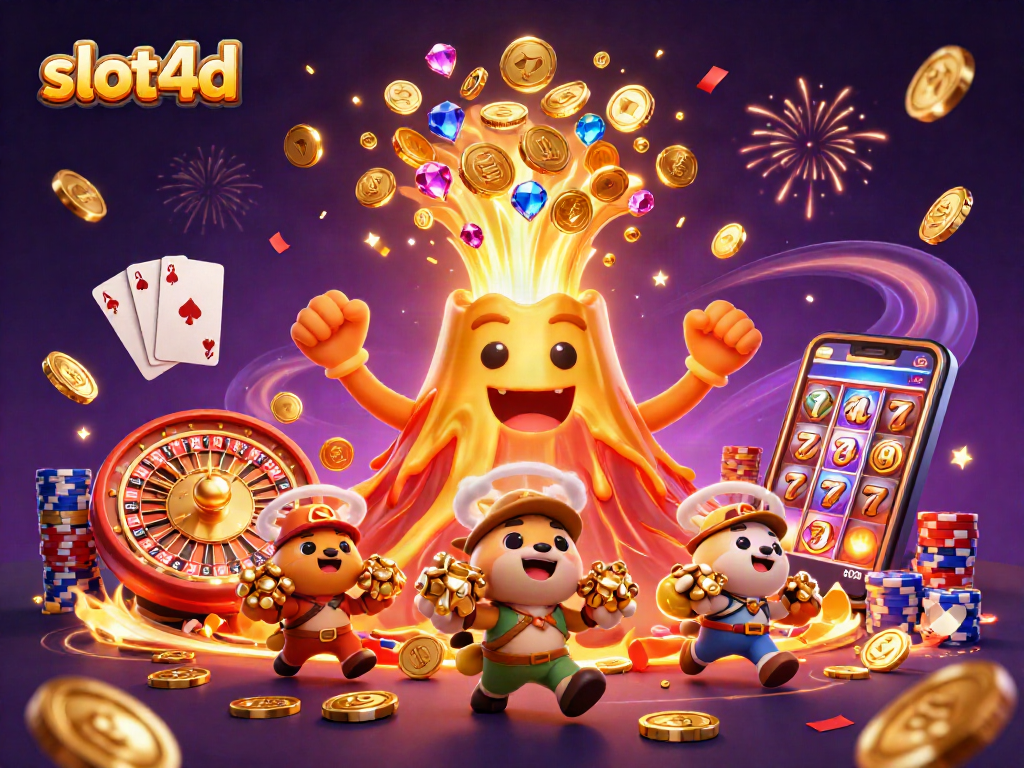 Experience slot4d's triumph with a golden volcano erupting treasures in a vibrant casino scene.