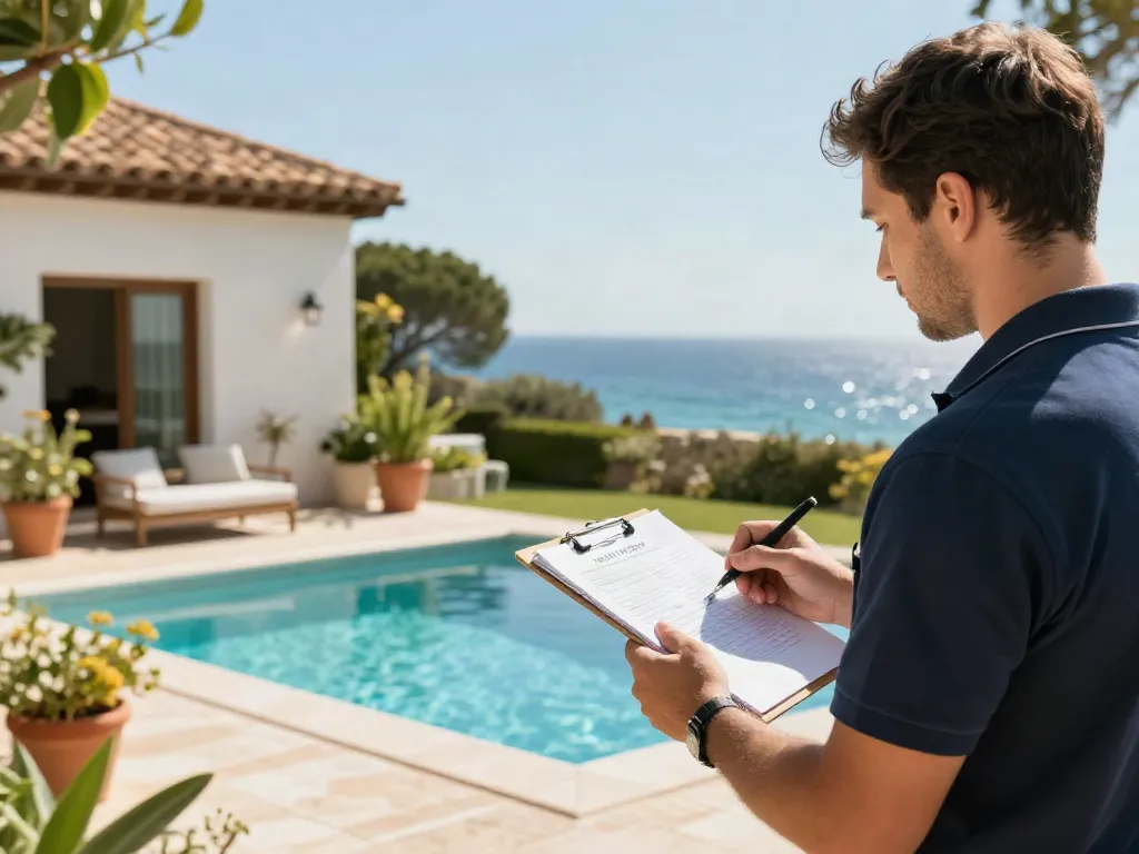 Property management Teulada professional inspecting villa garden with sunlit pool.