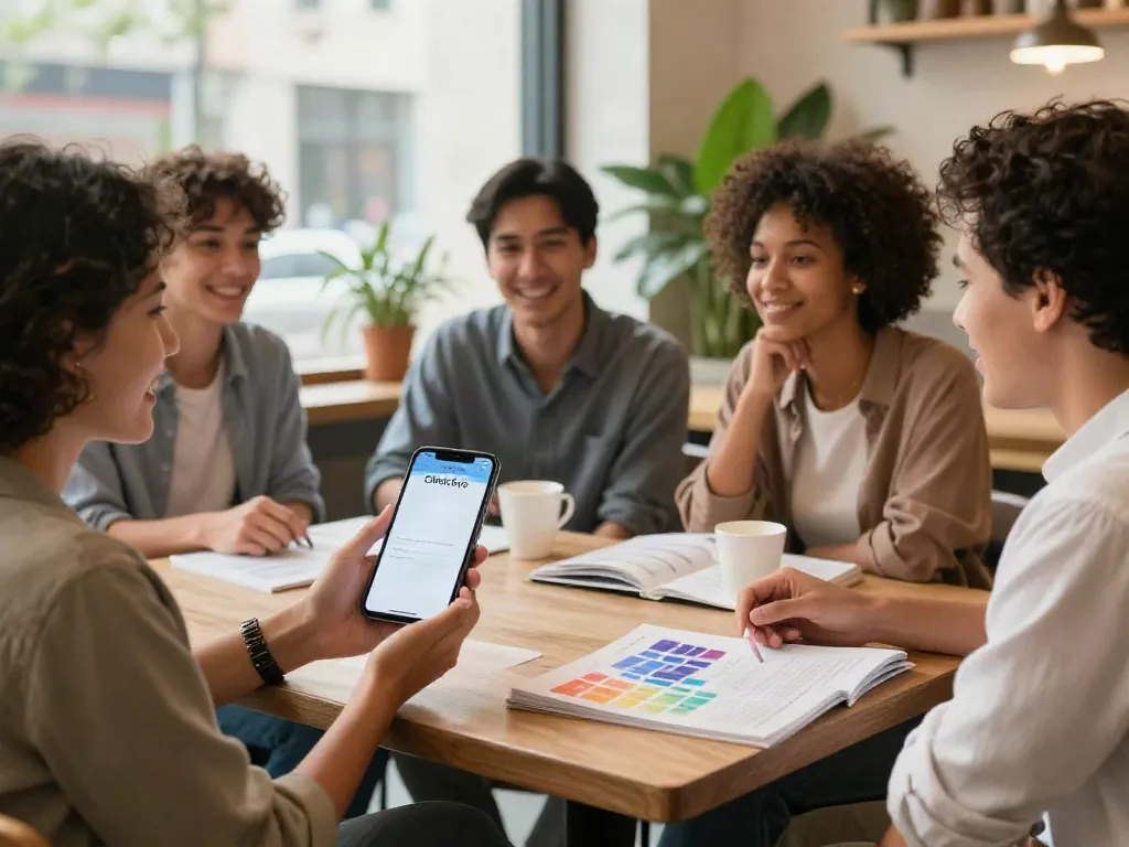 Group discussing alternatives to QOVES at a café, with ClinicEvo app visible.