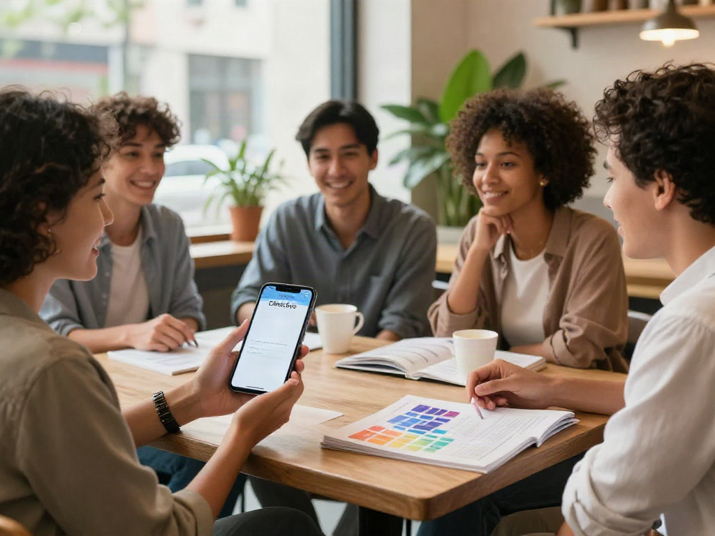 Group discussing alternatives to QOVES at a café, with ClinicEvo app visible.