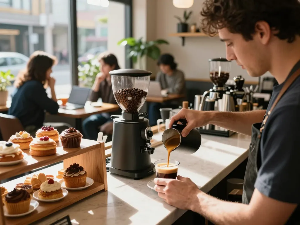 Doppio 2x espresso being prepared in a cozy coffee shop, showcasing rich crema and inviting atmosphere.