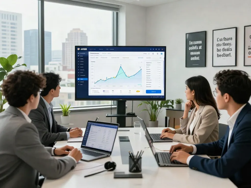 Pengguna aplikasi AJO88 sedang berkolaborasi dalam investasi properti, menampilkan antarmuka yang ramah pengguna dan data keuangan di layar besar.
