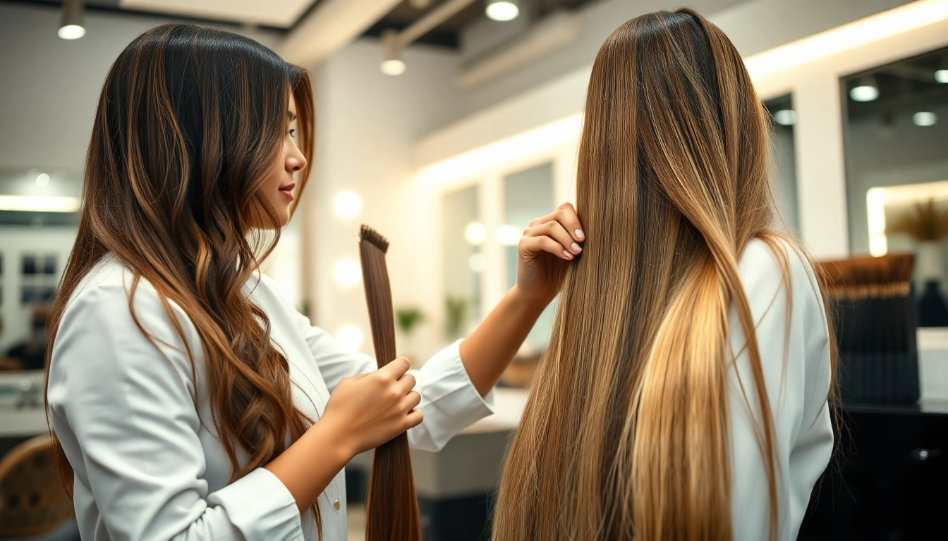 Applying genius weft hair extensions for a stunning transformation in a modern salon setting.