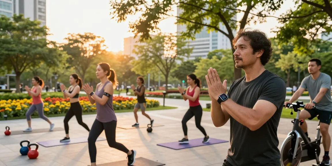 Pengguna smartwatch Fitbit Luxe di taman kota dengan latar belakang suasana senja, memantau kesehatan dengan gaya.