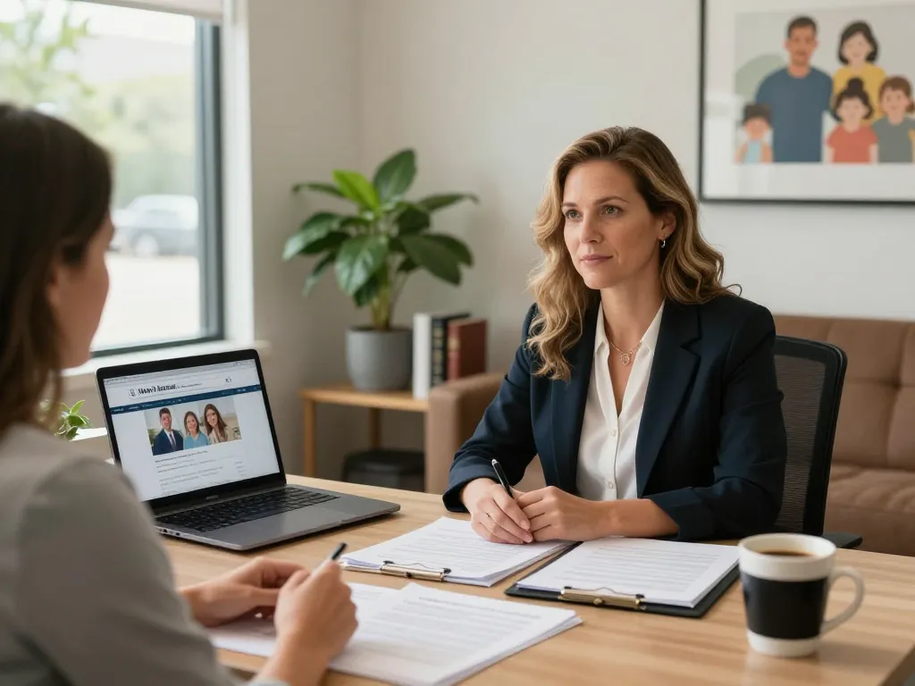 Palm Harbor Divorce Lawyer Shelly Beach consulting a client about mediation in a welcoming office, illustrating family law expertise.