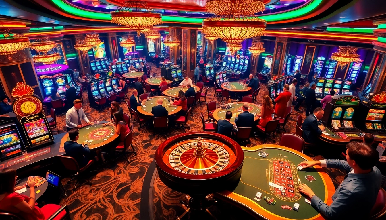 Exciting casino atmosphere featuring diverse games at https://f1686s.com/ with players enjoying roulette, poker, and slots.
