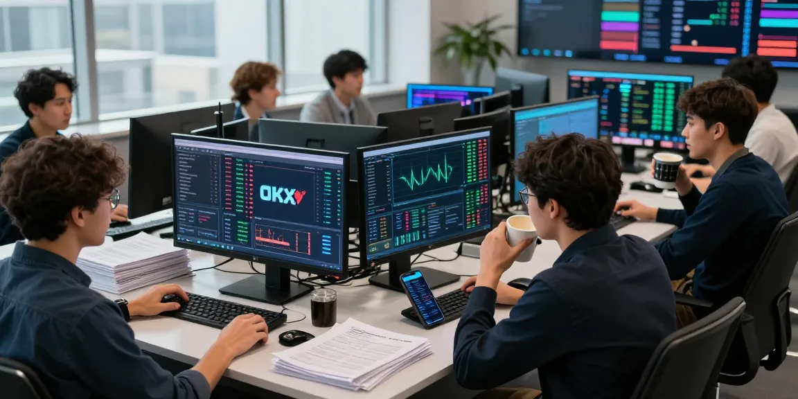 Traders collaborating in a modern office setting utilizing the OKX crypto exchange, with digital charts and trading tools visible.