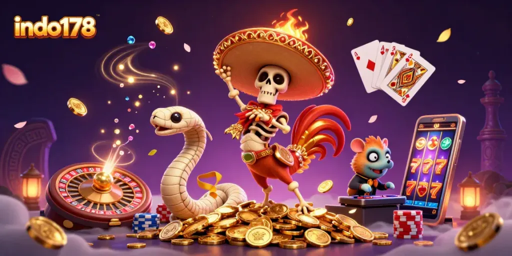 Win big at indo178 with a celebration scene featuring a dancing rooster and a DJ hamster, set against casino elements.