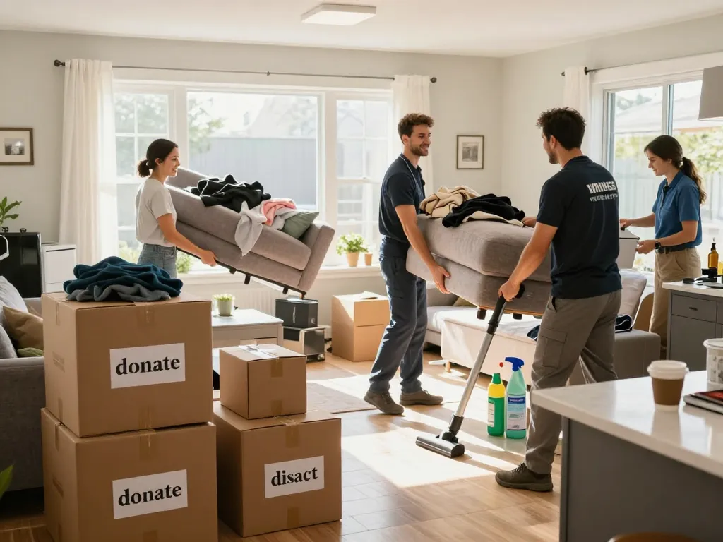 Entrümpelung Wien - Professionelles Team, das effizient ein Zuhause mit Kisten für Spenden und Entsorgung entrümpelt.