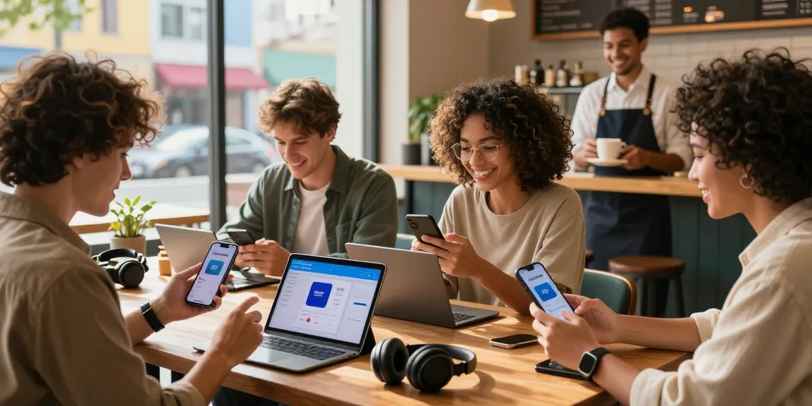 Customers enjoying ROKOK88 shopping app in a café surrounded by electronics.