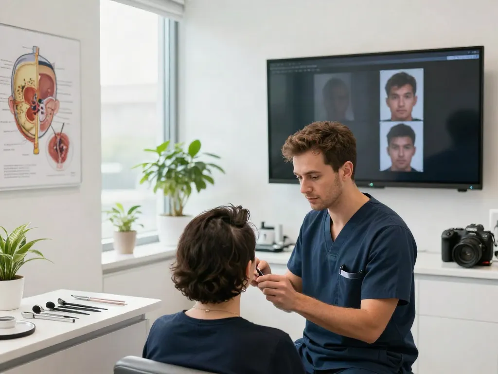 Hair transplant consultation in a modern clinic with surgeon and patient.