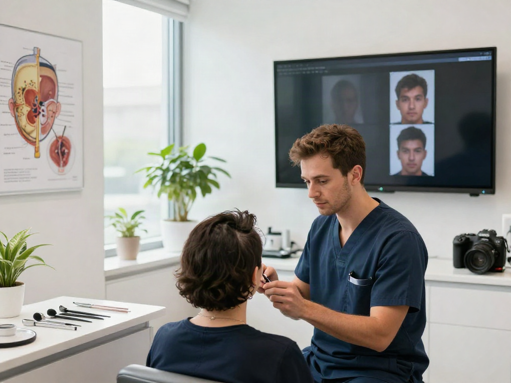 Hair transplant consultation in a modern clinic with surgeon and patient.