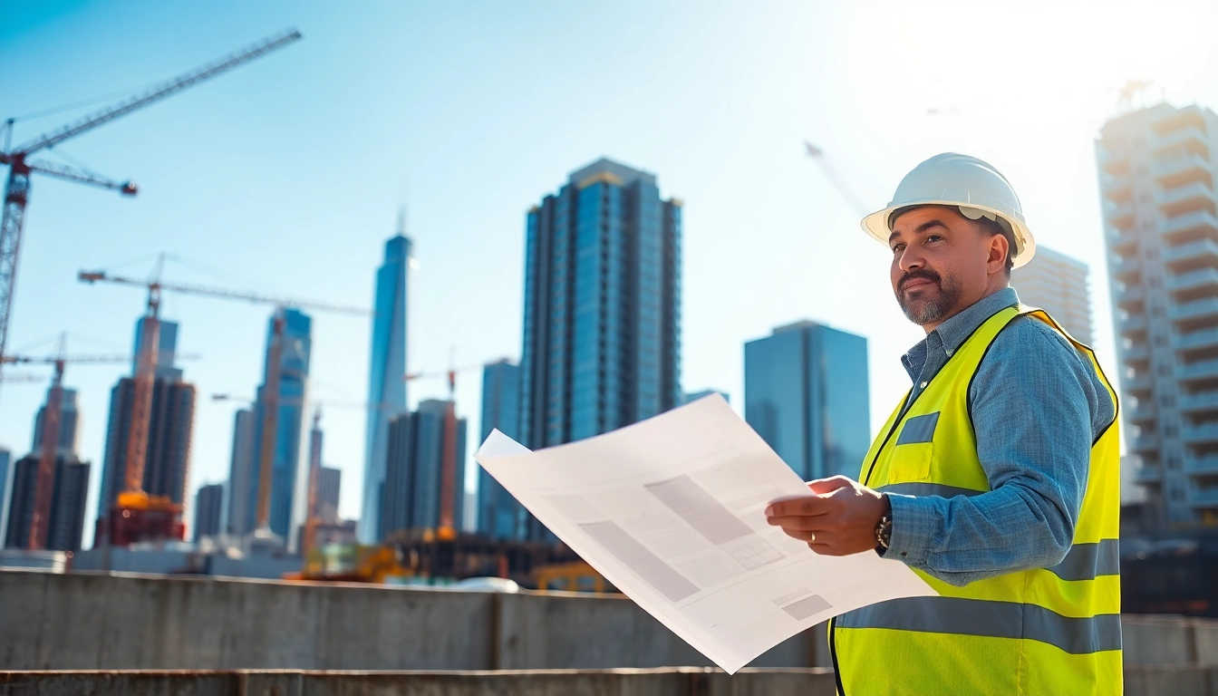 Manhattan Construction Manager overseeing a busy site with blueprints in hand.