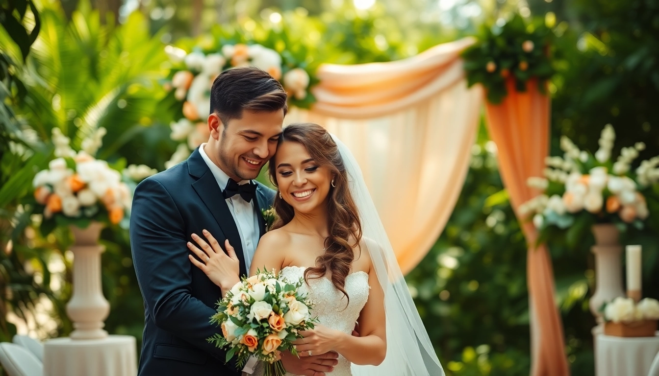 Wedding photographer capturing a couple's emotional outdoor ceremony with beautiful floral decor.