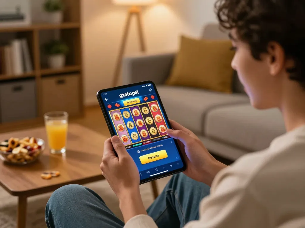 Player interacting with gtatogel mobile app, celebrating a slot win with vibrant graphics.
