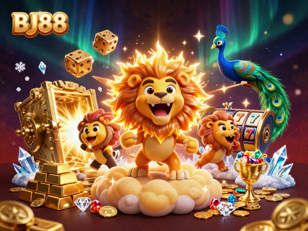 BJ88 players enjoying a vibrant 3D casino scene filled with golden treasures and slot machines.
