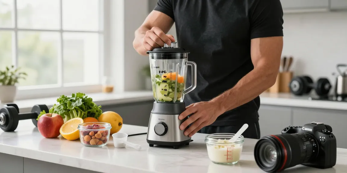 BPC-157 TB-500 blend shake preparation with fresh ingredients in a bright kitchen.