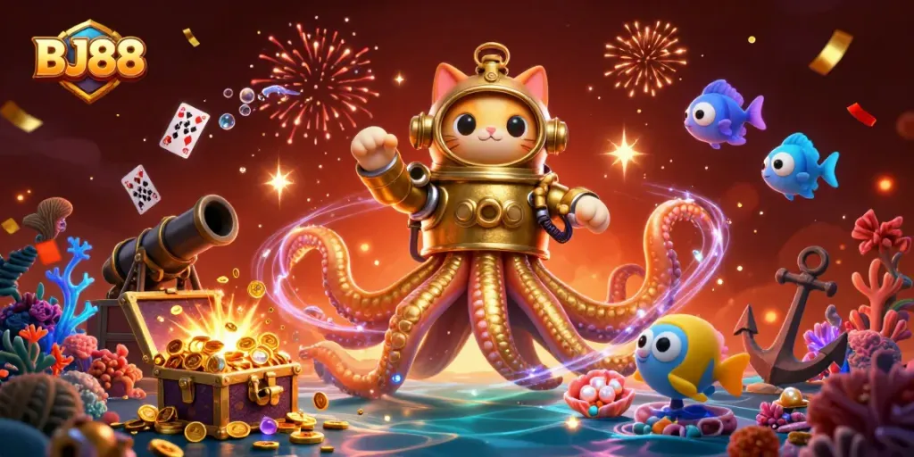 Join the adventure at BJ88 with a colossal kraken and diving cat in this vibrant gambling scene!
