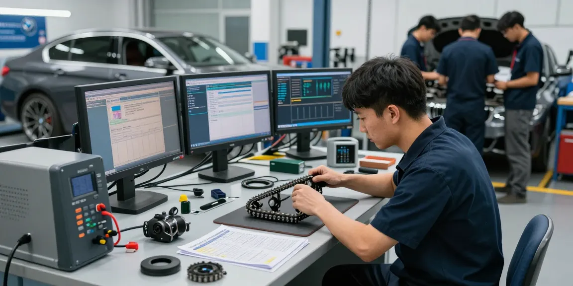 Professionelle BMW Werkstatt Hannover mit Techniker, der am Steuerkettenwechsel arbeitet und modernste Geräte verwendet.