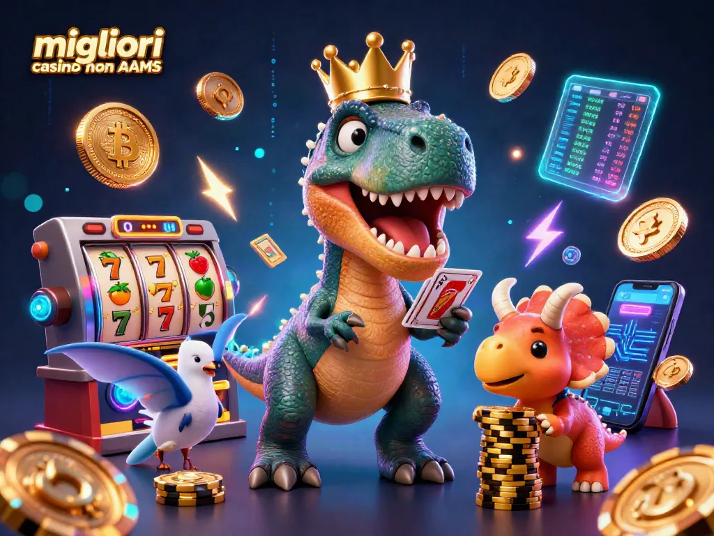 I migliori casino non AAMS mostrano un T-Rex che gioca a carte con un assistente, immerso in un mondo di simboli e giochi