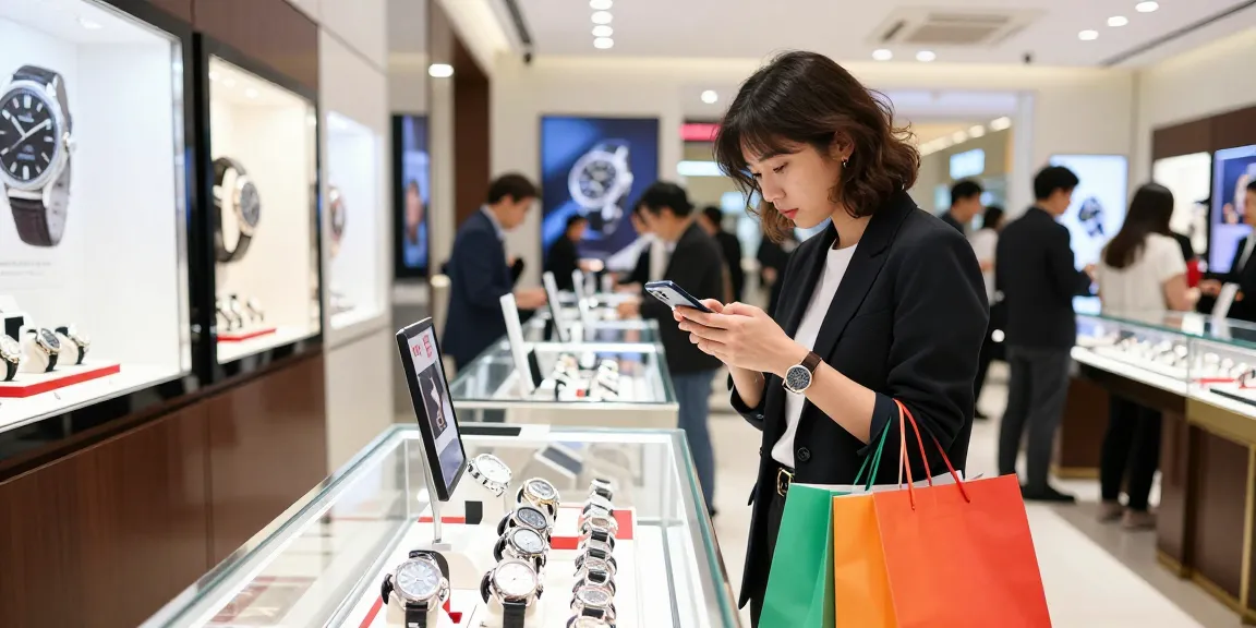 Discover stylish 시계 레플리카 in a vibrant retail shopping scene featuring an engaged customer.