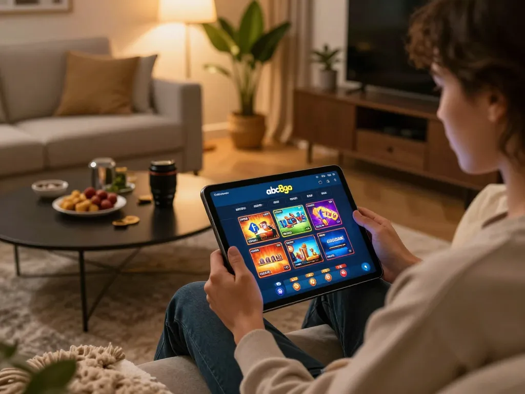 Player engaged with abc8go online casino app on tablet in a cozy home setting