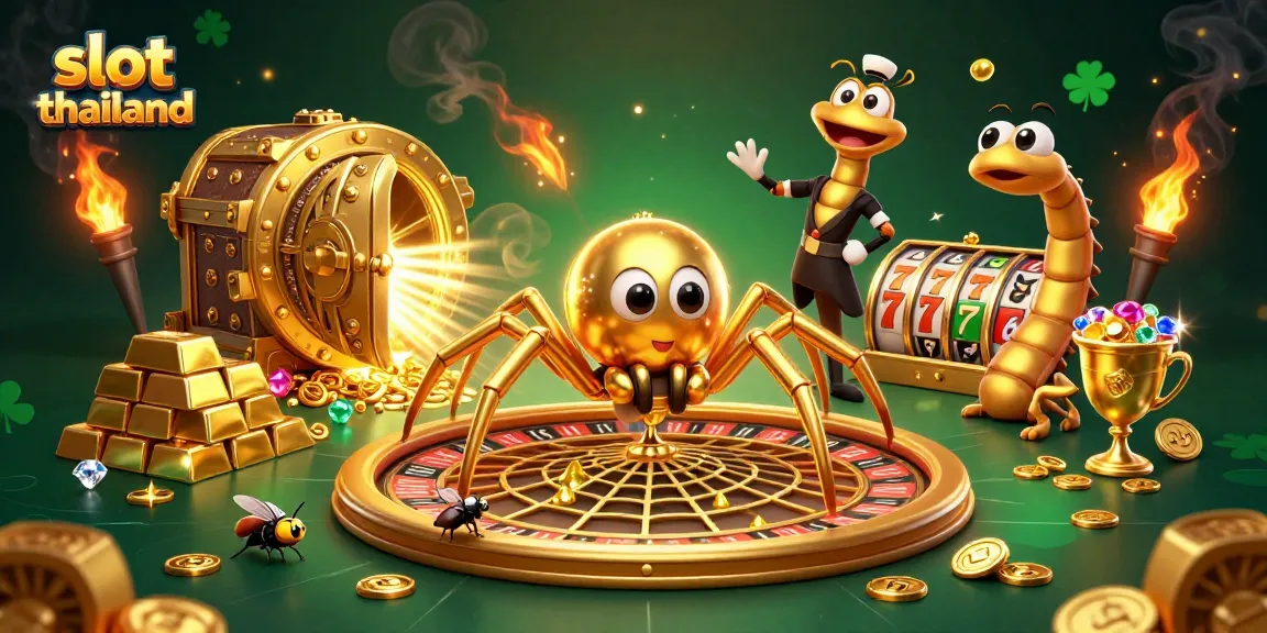 Engage with slot thailand as the golden spider spins a roulette wheel web amidst treasure and excitement.