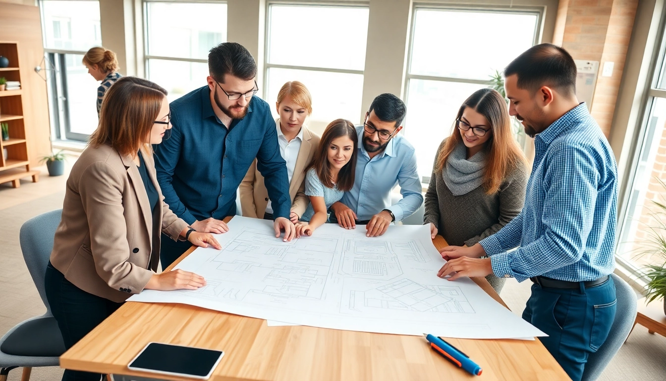 Construction association professionals collaborating on project plans in a modern office.