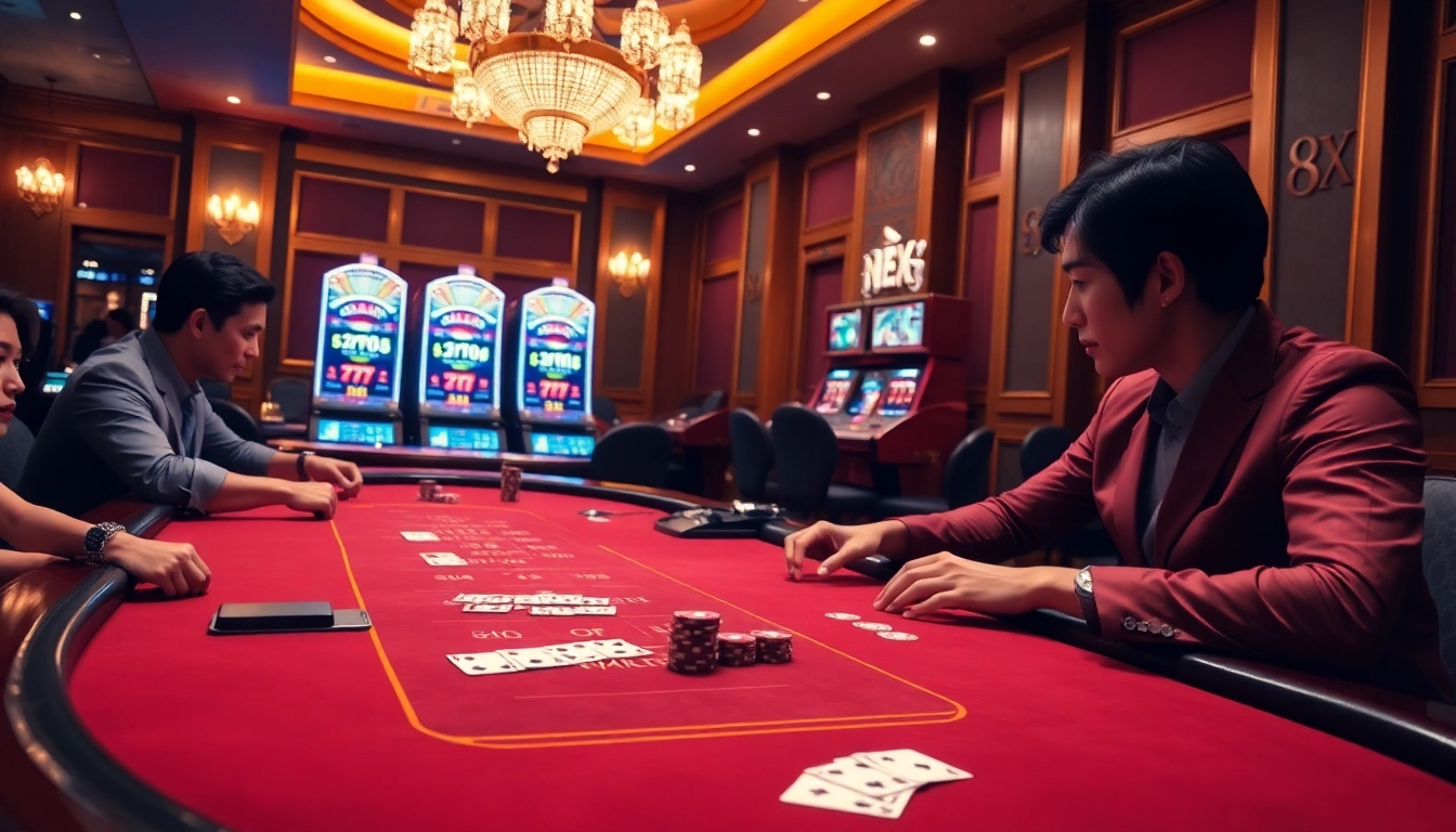 Engaged players celebrating a winning hand at nhà cái 8XX's luxurious blackjack table.