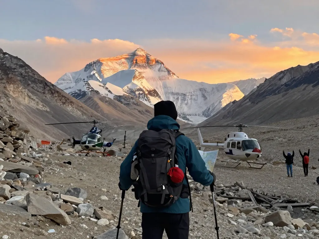 View of a traveler at Everest Base Camp during sunset, highlighting the Everest Base Camp Trek with Helicopter Return experience.