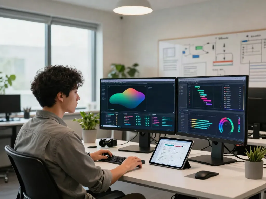 AI training data workspace with dataset finder elements and data scientist analyzing insights.