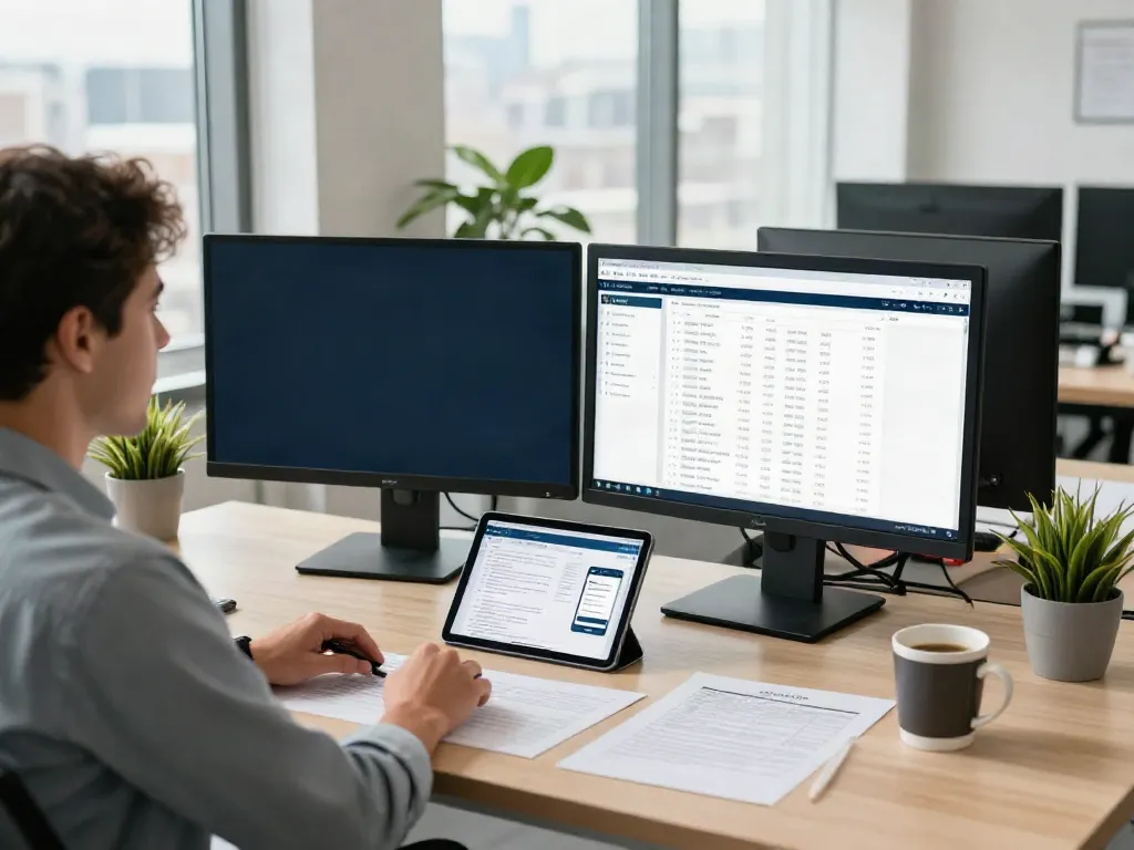 Tax software to start a tax business displayed in a professional workspace with dual monitors and financial documents.