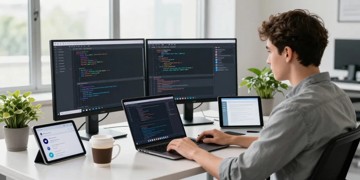 Focused developer working on 纸飞机中文版 in modern office with dual monitors and coding interface.