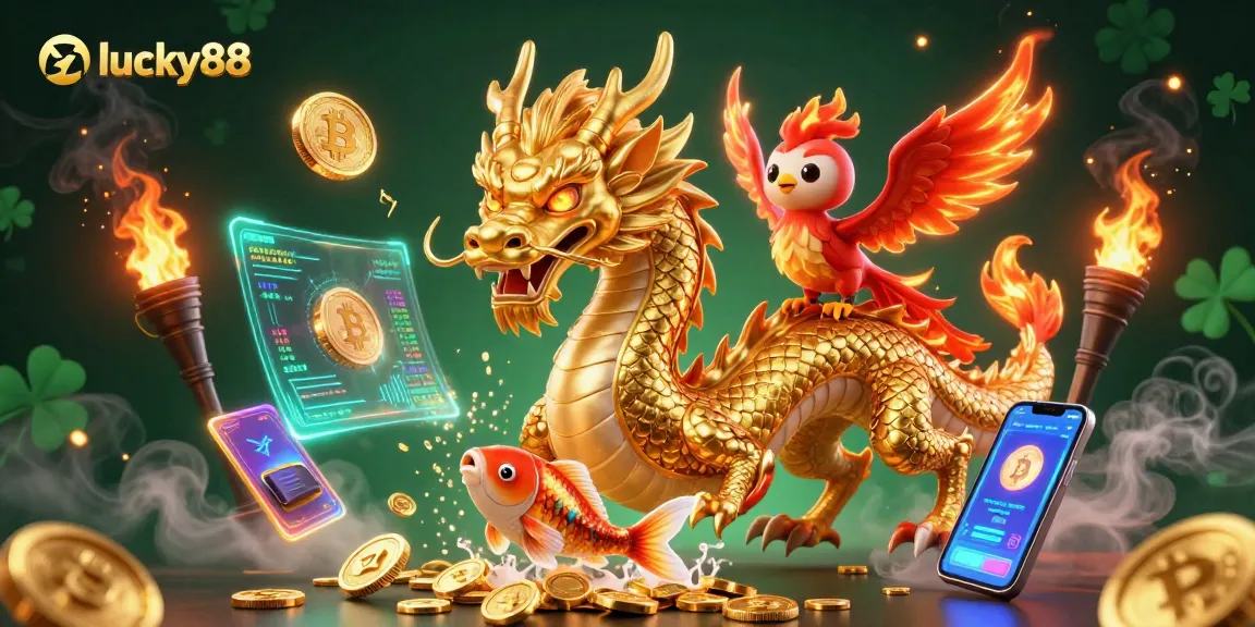 Experience the thrill of lucky88 through vibrant 3D depiction with dragons, phoenixes, and coins!