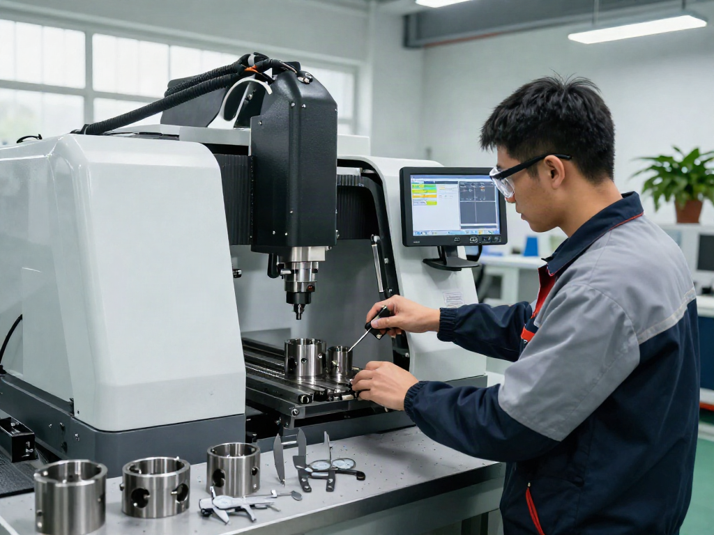 Precision CNC machining supplier in a dynamic workshop with a technician operating a CNC machine.