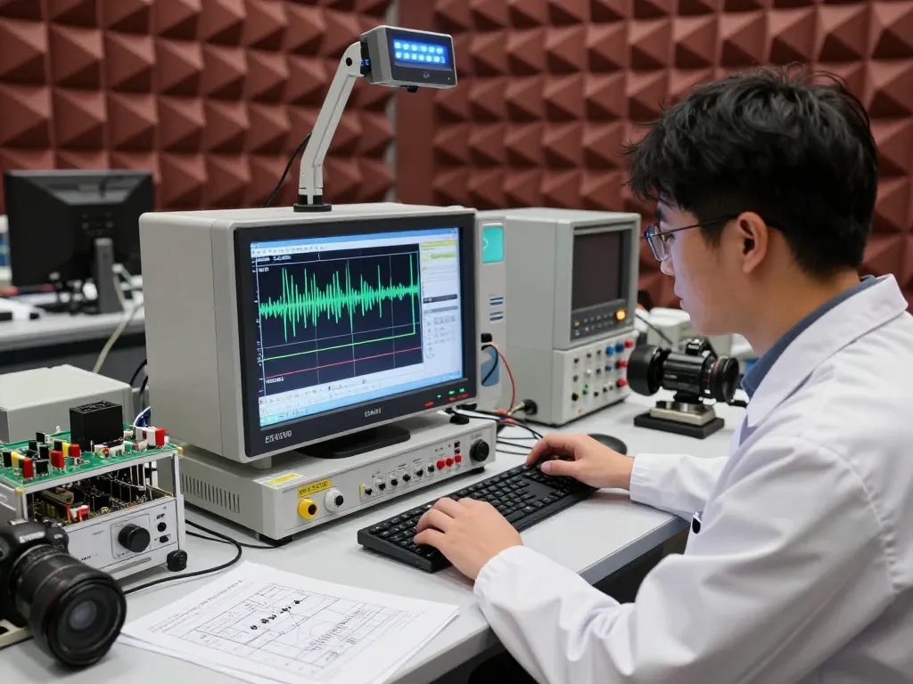 EMI Testing in a professional lab with advanced technology and an engineer analyzing data for electromagnetic compliance.