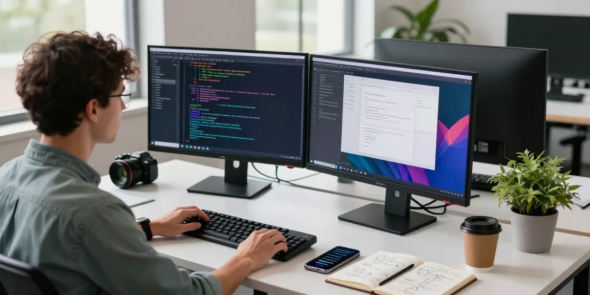 快连 tech workspace with developer coding, monitors displaying vibrant code, modern desk setup