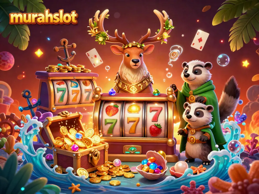 Menangkan jackpot di murahslot dengan mesin slot berputar dan koin emas terbang di sekitarnya.