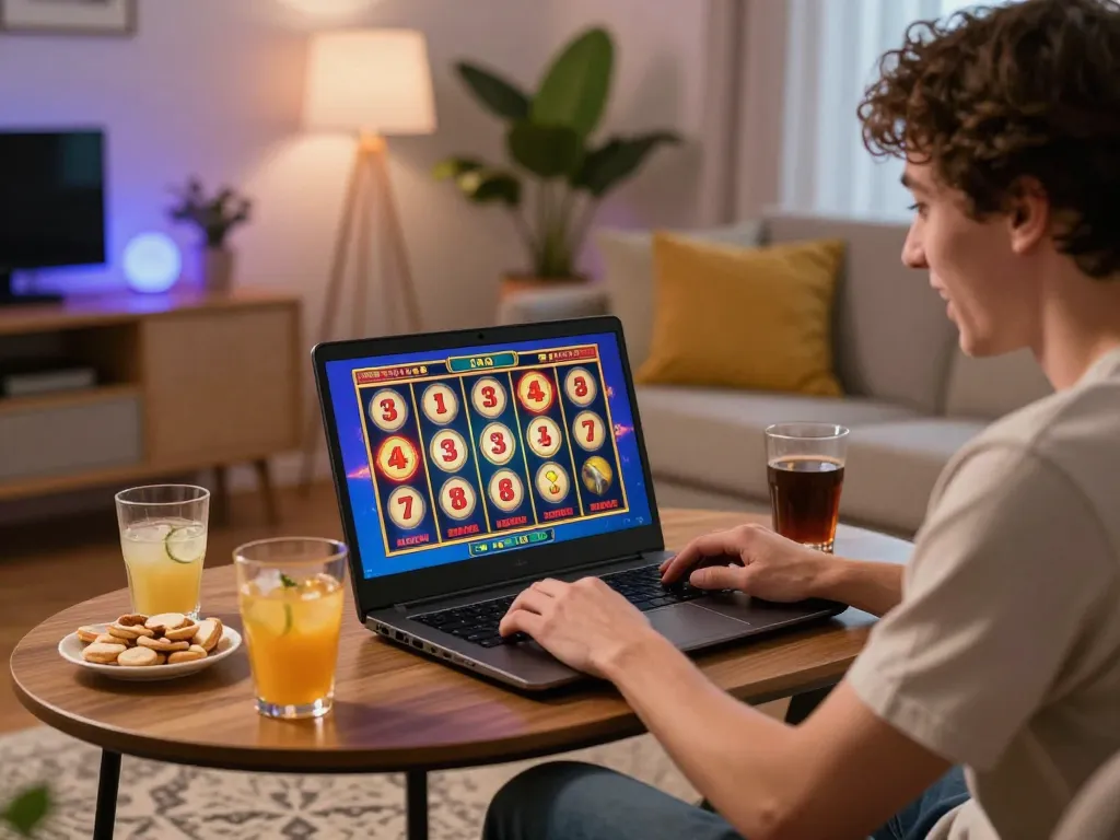 Player enjoying situs slot gameplay on a laptop, spinning reels illuminated on screen in a cozy home setting.