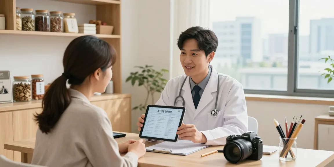 Engaging consultation at 수원교통사고한의원, showcasing Korean medicine with patient and doctor in a modern clinic.