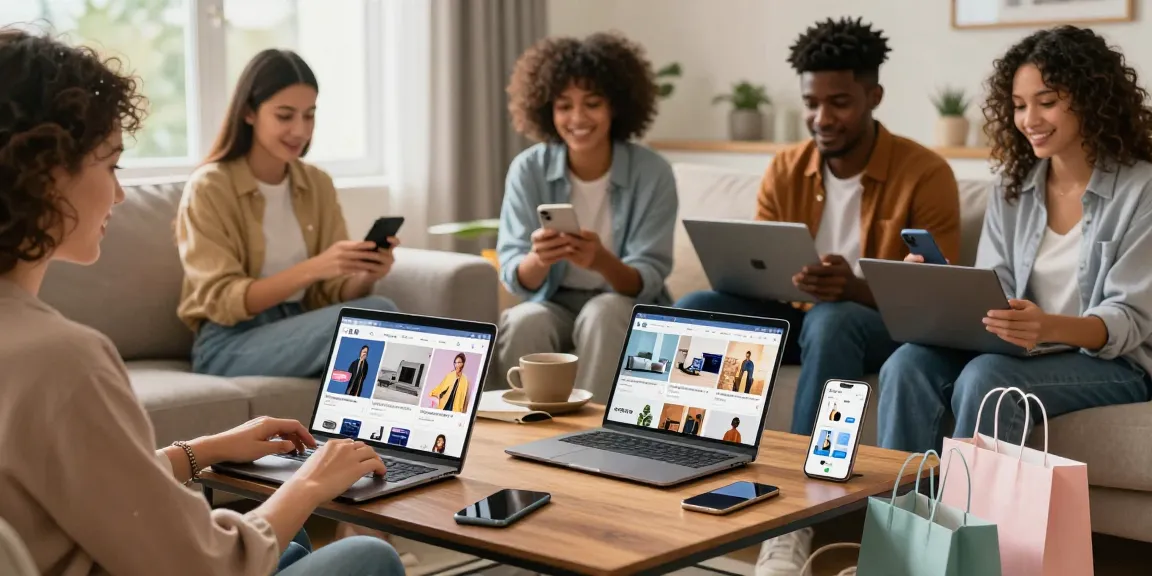 Engaging online shopping scene showcasing diverse consumers interacting with digital products, highlighting the joy of ecommerce.