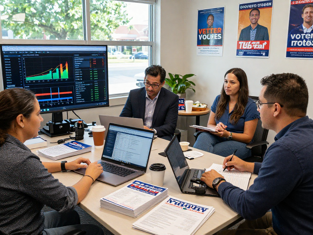 Campaign manager analyzing recurring donations for political campaigns data in a dynamic office setting.