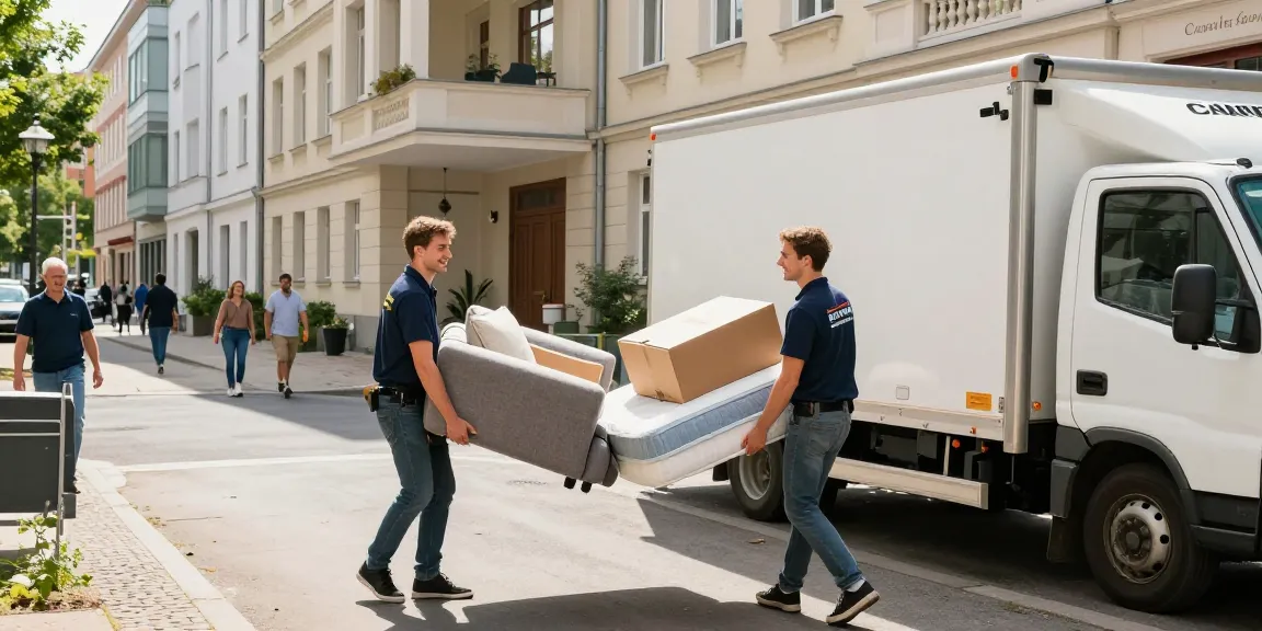 Efficient Wohnungsentrümpelung Berlin service team removing furniture during daylight in urban setting.
